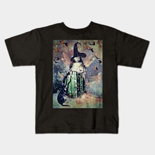 The Little Witch cat, magic stars, vintage mirror Kids T-Shirt